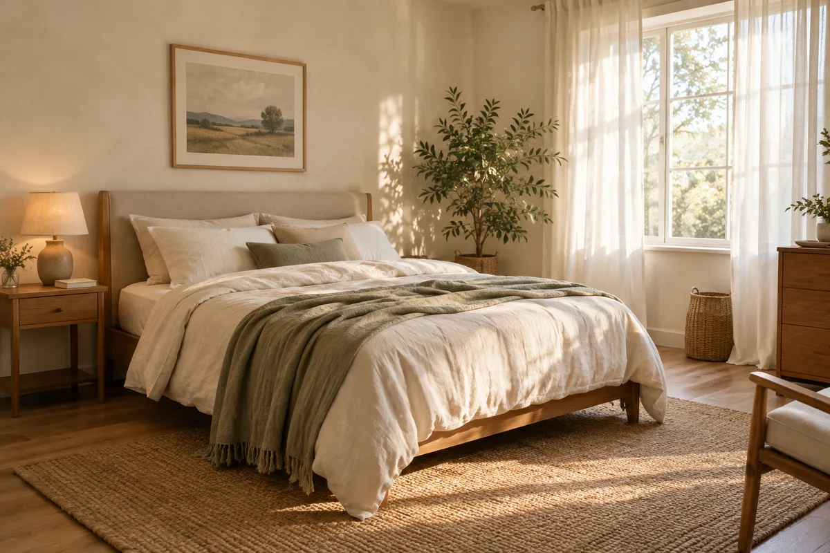 Warm bedroom with soft linen, morning light, and an uncluttered bedside table